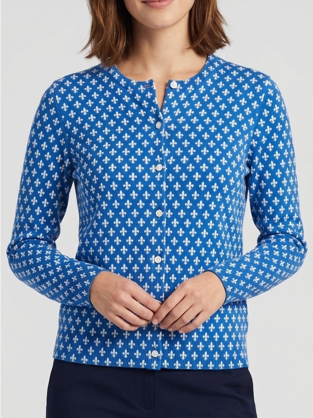 Lands' End blue and white fleur-de-lis pattern cardigan